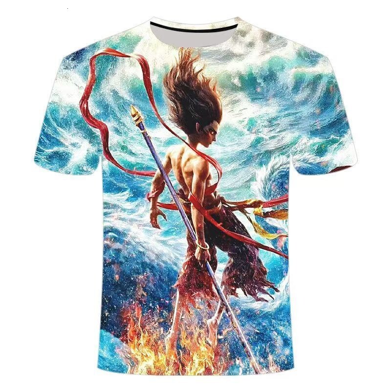 Nezha Demon Children's Sea T-shirt Summer New 3D Printing Trendy Fashion Youth Designer T-shirt Round Neck Hot Movie Short Sleeve Men's Wear