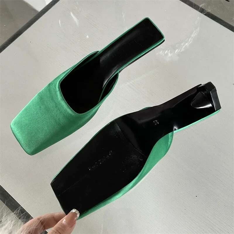 Spring Satin Women Slippers Fashion Square Toe Low Heels Sgback Casual Party Shallow Mules Ladies Slides Shoes