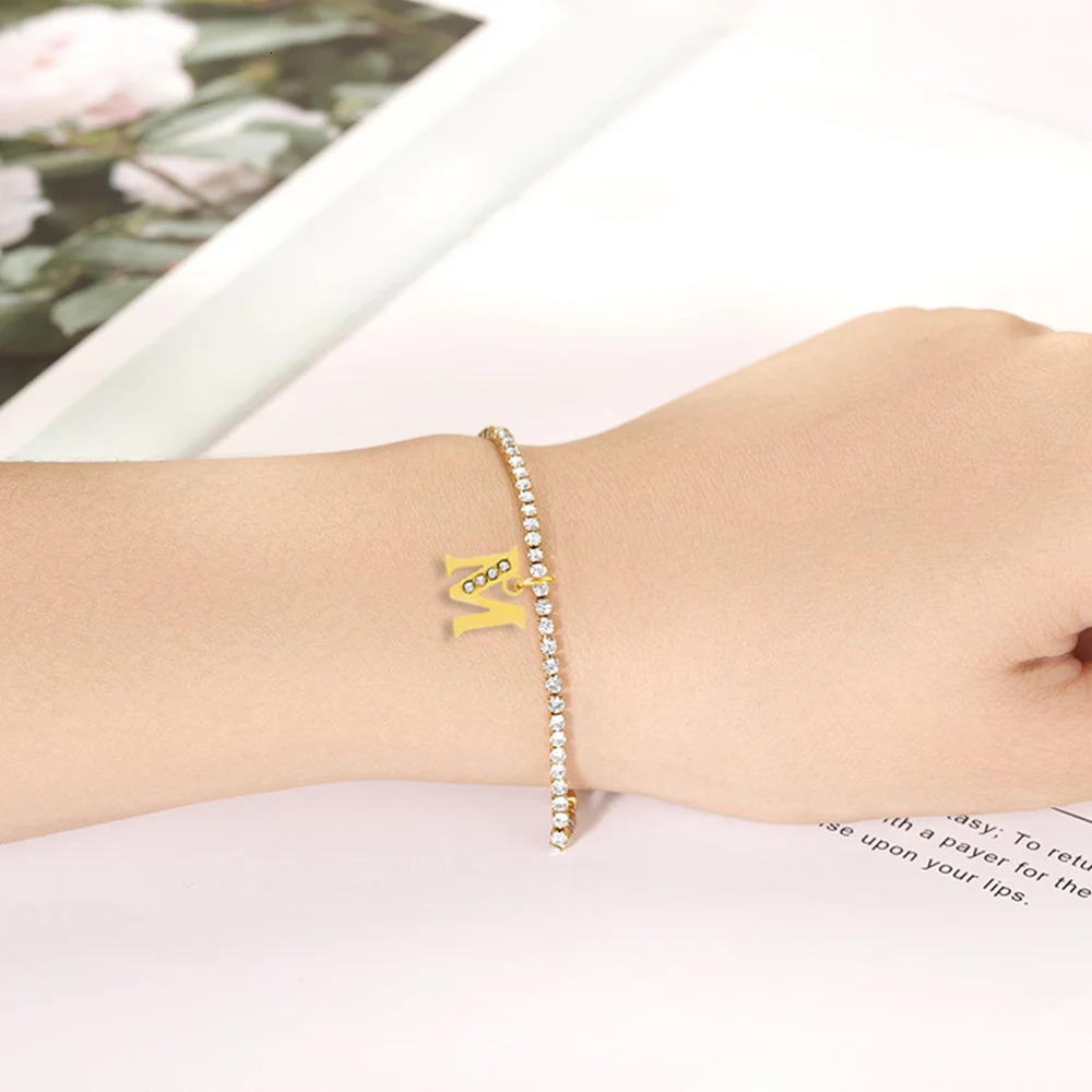 Drop Classic AZ CZ Zircon 26 Initial Pendant Charm Bracelet Women 2MM Tennis Chain Stainless Steel Wedding Jewelry 250213