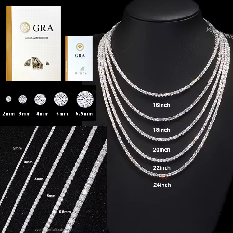 Factory Price VVS Fine Jewelry 2mm-6.5mm Wide in Stock S Sier GRA Moissanite Tennis Chain Necklace