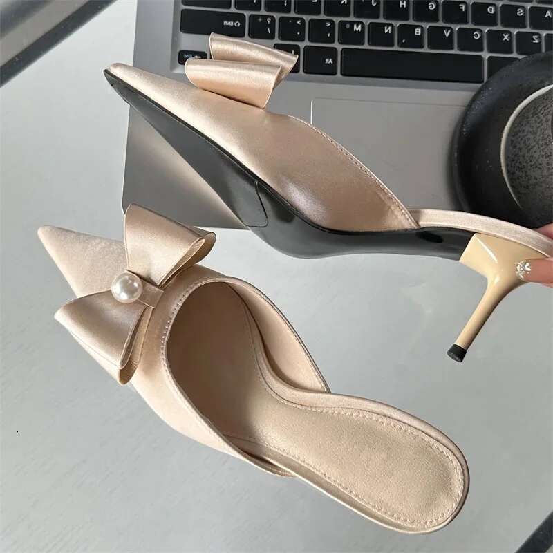 Spring Sexy Butterfly-knot Women Slipper Pointed Toe Slip On Ladies Shoes Elegant Thin Heel Mules Dress Sandals