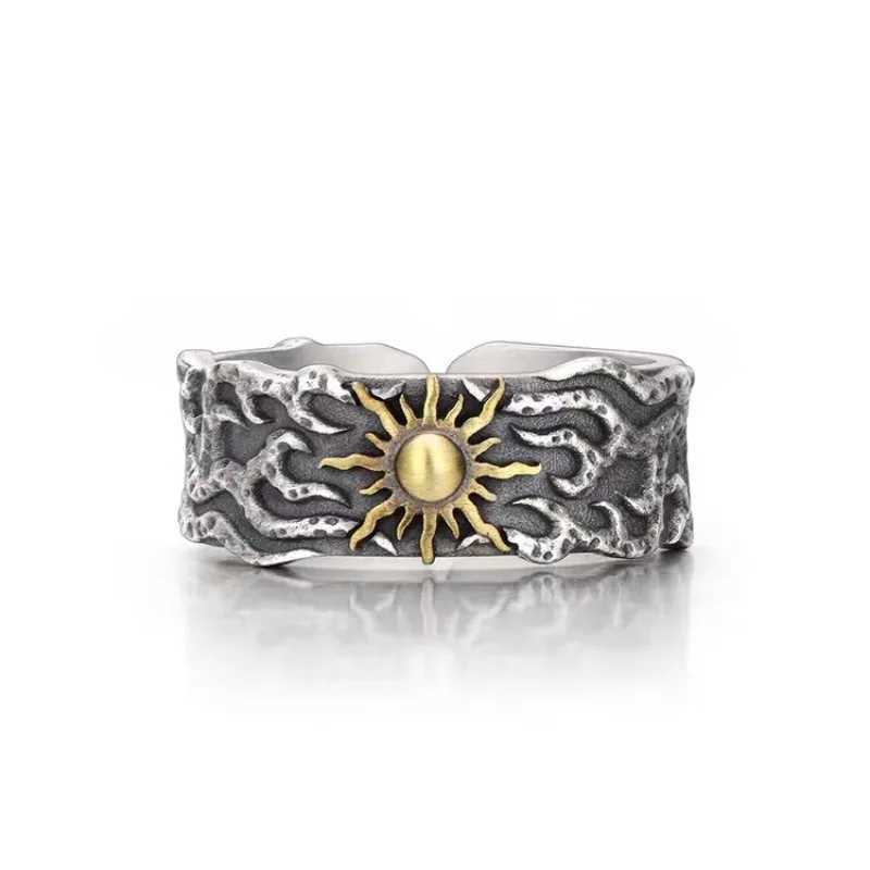Retro Golden Sun Ring For Men SIlver Color Punk Gothic Trendy Open Ring Handmade Designer Jewelry Unisex Accessories Lovers GiftXJ250219
