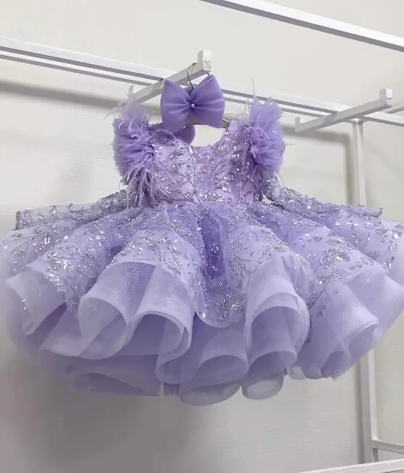 Beaded Lavender Little Girls Pageant Dresses Fluffy Tiered Tutu Toddler Kids Formal Wear Long Sleeves Short Birthday Party Gown Flower Girls Dress