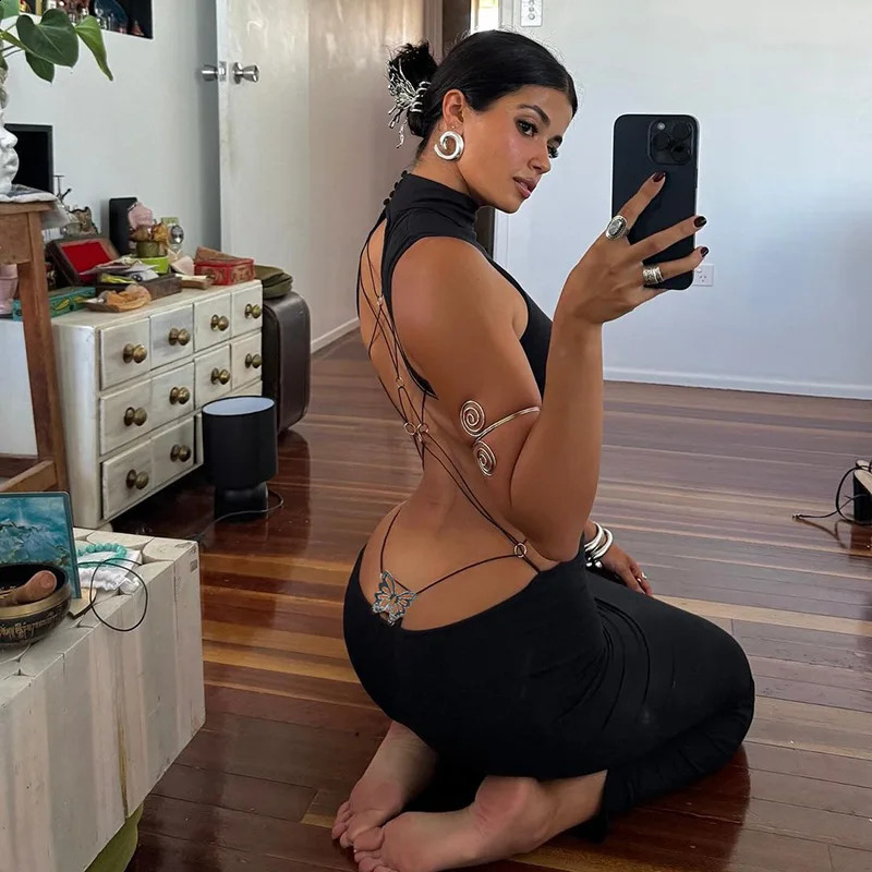 Sexy Backless Bandage Bodycon Maxi Dress Women Turtleneck Sleeveless Black Gothic Party Vestido Spring Fall Y2K Clothes 250218