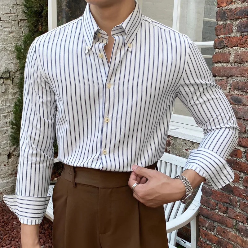 Casual Stripe Shirt Retro Shirt Dress Camisa Masculina Social Italian Spring British Style Men Long Sleeve Striped Shirt 250214CJ