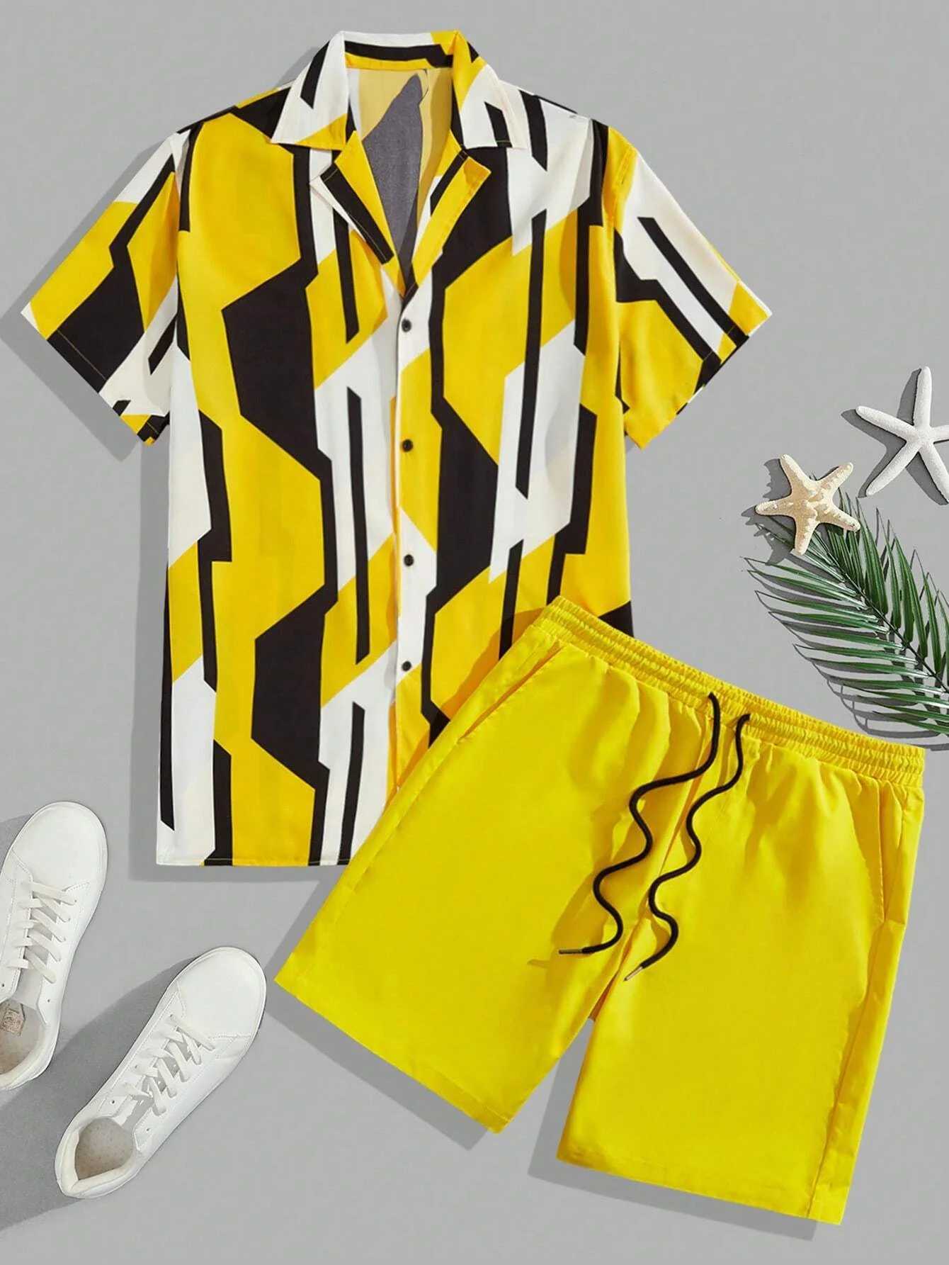 Square Stripe Splicing 3D Print Men Shirt Sets Short Sleeve Shirt Oversized Beach Shorts Streetwear Hawaiian Suits ClothesXJ250218