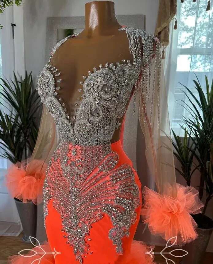 Orange Black Girl Prom Dresses 2024 Mermaid Rhies Beaded Long Sleeves Ruffles Birthday Evening Gala Gown Graduation