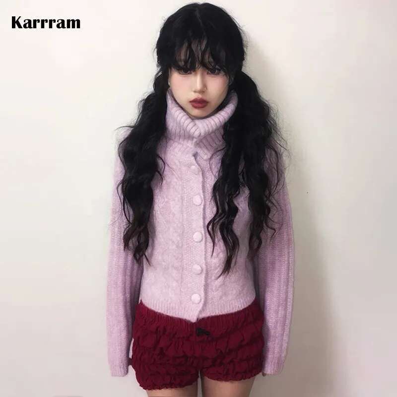 Karrram Japanese Y2k Turtleneck Cardigans Vintage Korean Style Knitted Sweater 2000s Aesthetics Pink Winter Knitwear Haruku