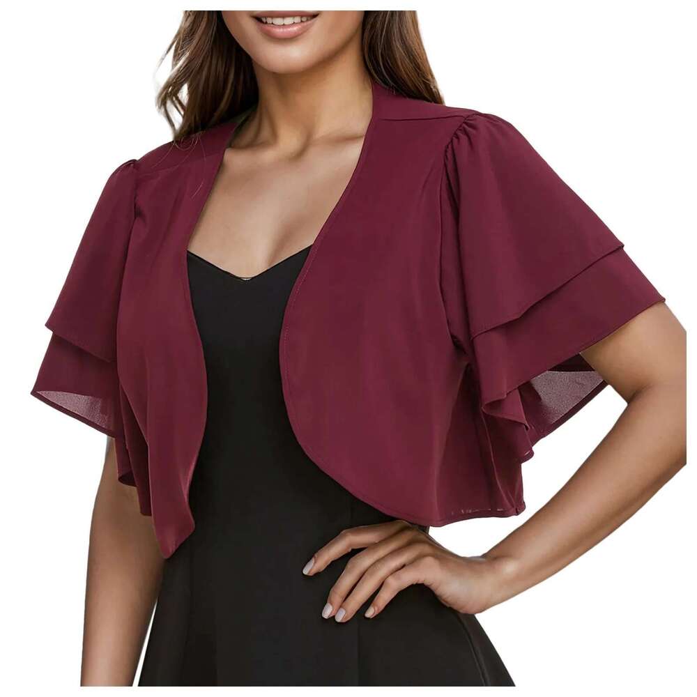 Europe The United States Spring And Summer New Women's Blouse Solid Color Short Sleeve Cardigan Thin Chiffon Shawl W