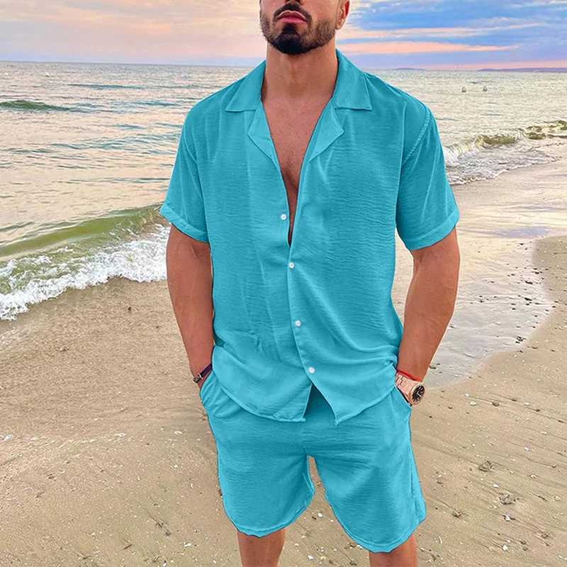 Mens Summer Casual Loose Two Piece Sets Beach Solid Cotton Linen Man Suit Short Sleeve Button Shirt And Shorts Office OutfitsXJ250218