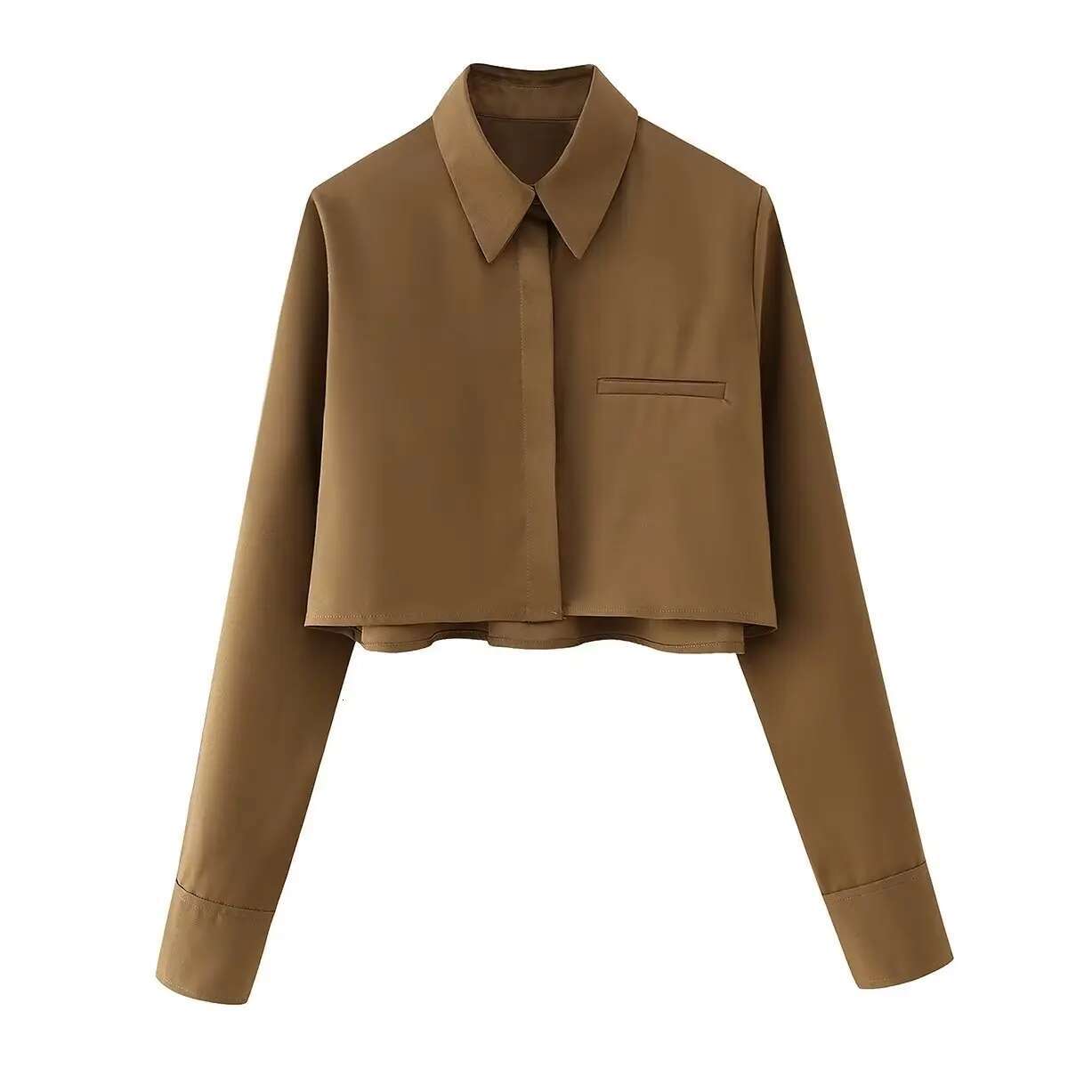Cropped White Woman Pocket Button Up Shirt Long Sleeve Crop Top Female Spring Collared Shirts And Blouses Women