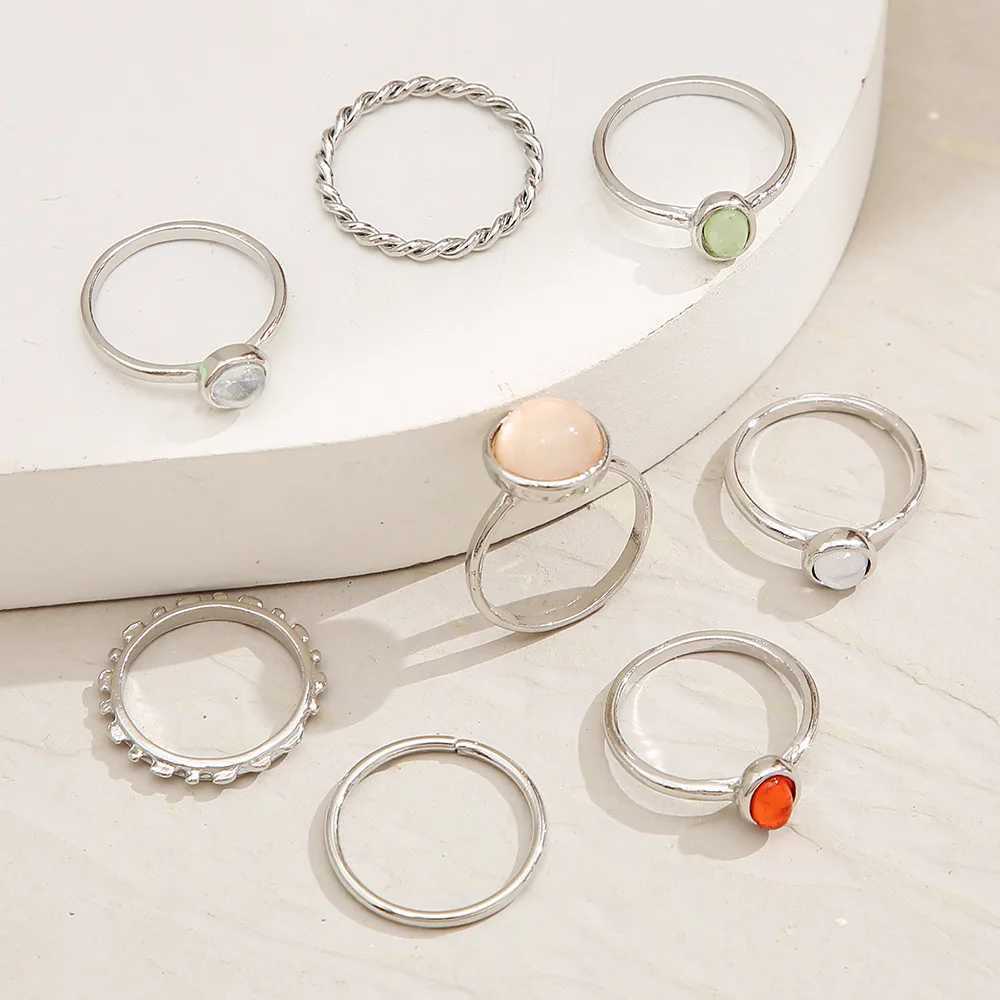 Vintage Colorful Crystal Stone Rings Set for Women Trendy Gold Silver Color Glazed Ring Set Geometric Resin Rings Party JewelryXJ250219