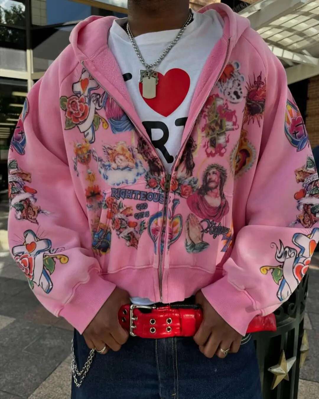 Retro pattern printed loose fitting street clothing Gothic rock Haruku men and women sportswear zip up hoodie