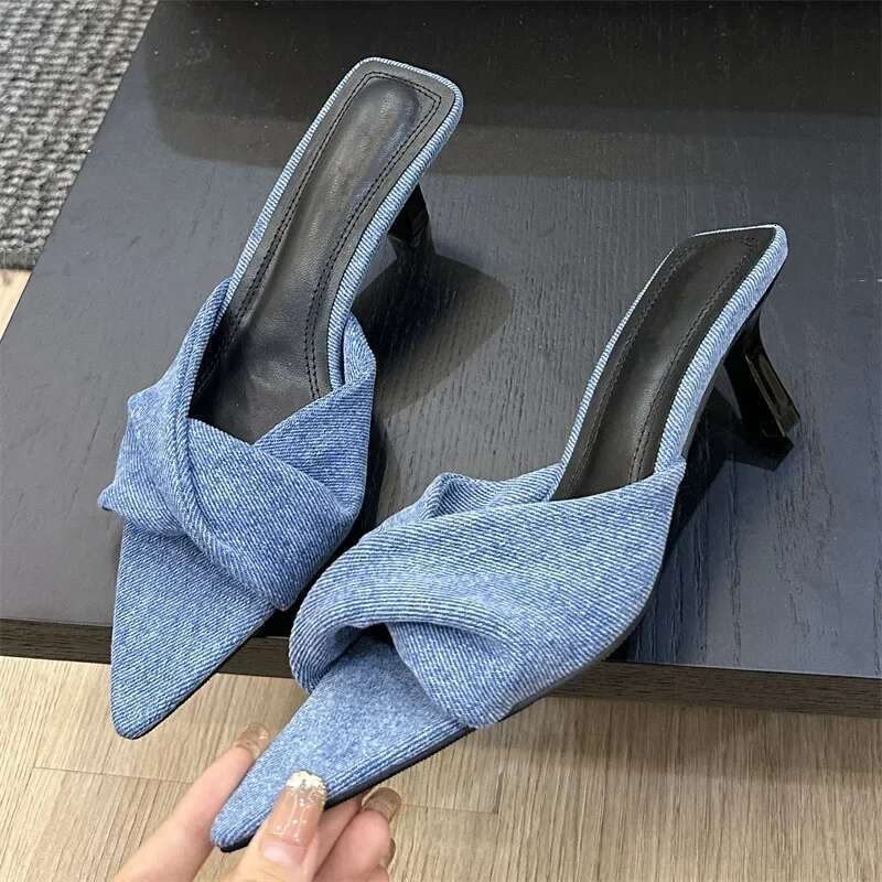 Fashion Design Pleated Pointed Toe Women Slippers Elegant Thin Low Heels Summer Female Slide Shoes