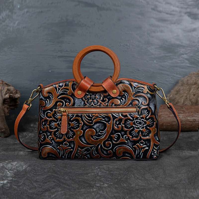 Small Women Shoulder Bag 2024 New Vintage Handmade Emed Handbag Female Genuine Leather Handbags Ladies Purse