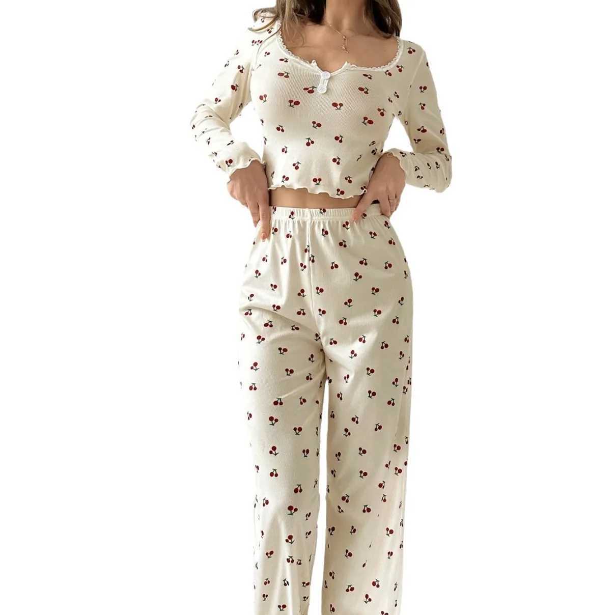 Autumn New Pajamas Women Long Sleeves Trousers Sets V-neck Cherry Print Hem Home Wear 2 PCS Home Clothes Sleepwear Z250219