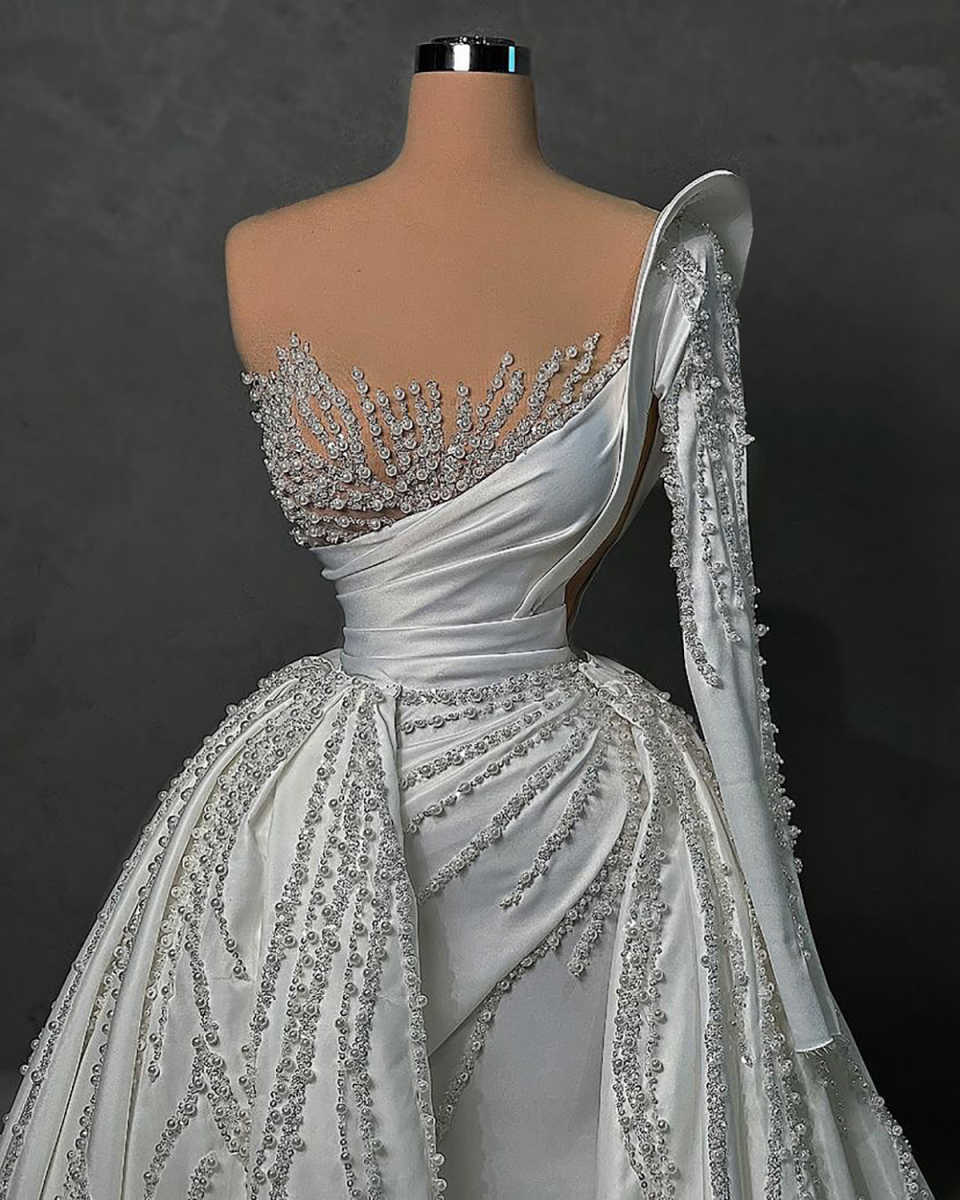 Sexy Mermaid Wedding Dress Sheer Neck One Shoulder Long Sleeves Bridal Gowns Pearls Detachable Train Dresses Custom Made vestidos de novia