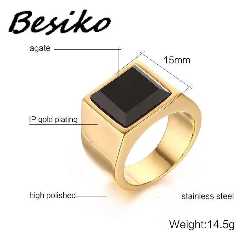 Besiko Trendy Men Square Black Stone Ring Stainless Steel Retro Signet Rings Rock Punk Male Jewelry Boyfriend Gift Drop 250213
