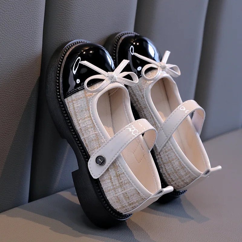Girls Patchwork Black Leather Shoes Autumn Butterfly-knot Lolita Children Mary Janes Elegant Round Toe Comfort Kids Shoes H07164 250219