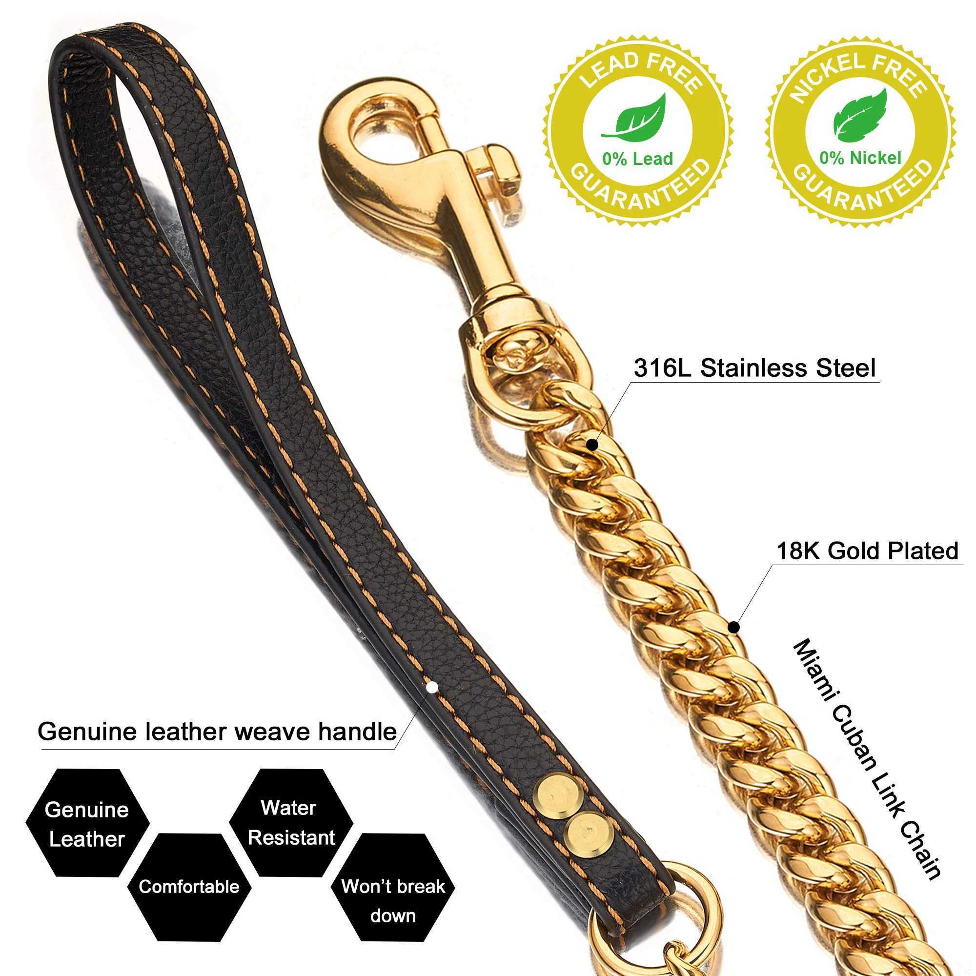 10MM Gold Dog Leash Stainless Steel Metal Chew Proof Dog Lead Chain for Dogs Pet Traction RopeXJ250218