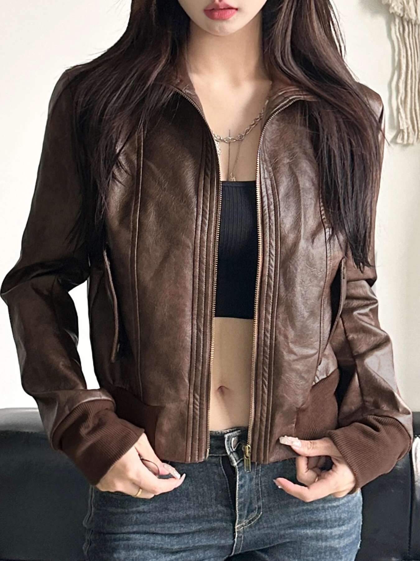IAMSURE Safari Style Big Pockets Jackets Casual Pu Leather Turn-Down Collar Long Sleeve Coats Women 2024 Autumn Winter Fashion