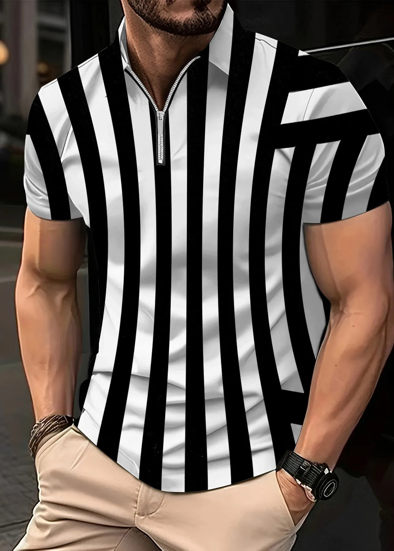 2024 Summer Mens Shirt Fashion Stripe Print Short Sleeved Flip Collar Large Casual Clothing Polo Shirts 250219