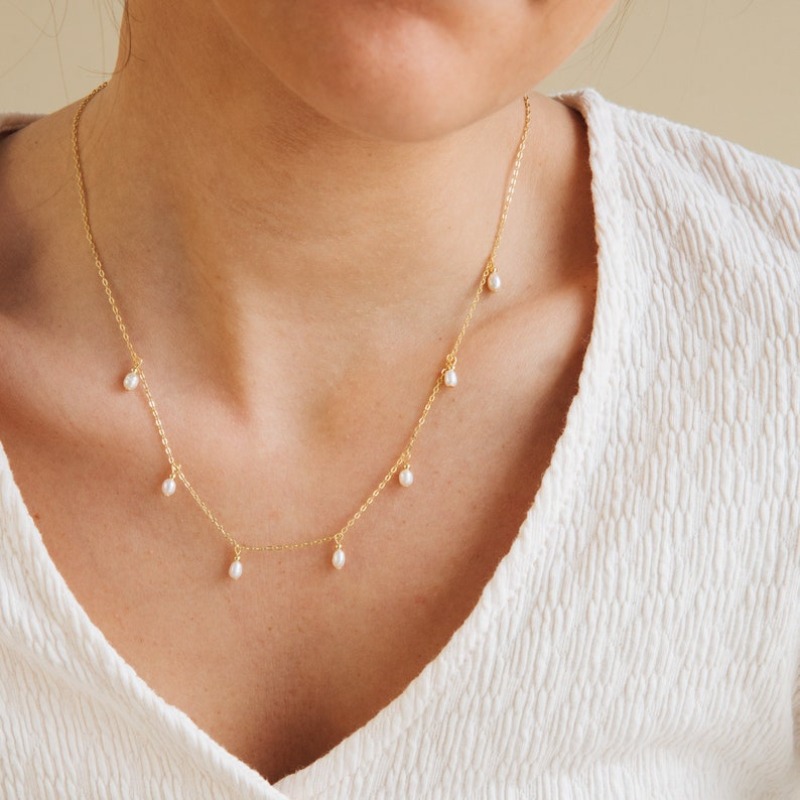 Pearl Drop Station in Gold Silver Statement Charm Necklace Layering Gift for Grandma