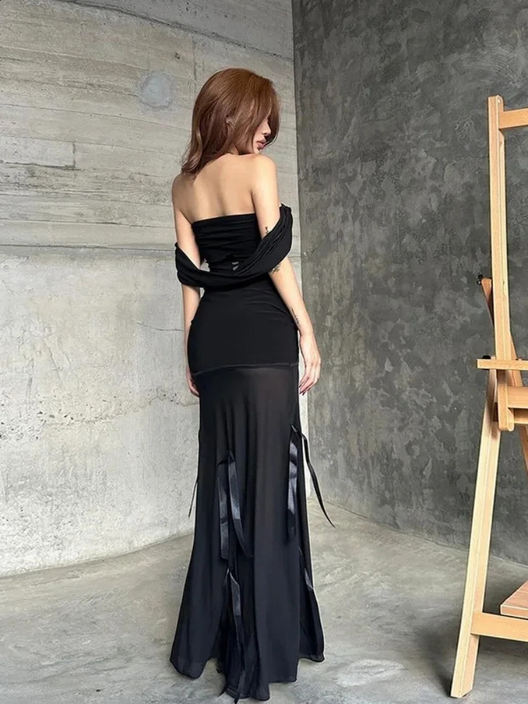 Hooded Long Dresses For Mesh Y2k Clothes Strapless Sleeveless One Piece Robe Fringe 250218