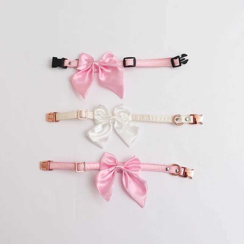 Silk Pink Dog Collar Adjustable Collar for Girl Puppy Kitten Cats Big Bow White Pet Collar with Metal Buckle Pet Accessories W250219
