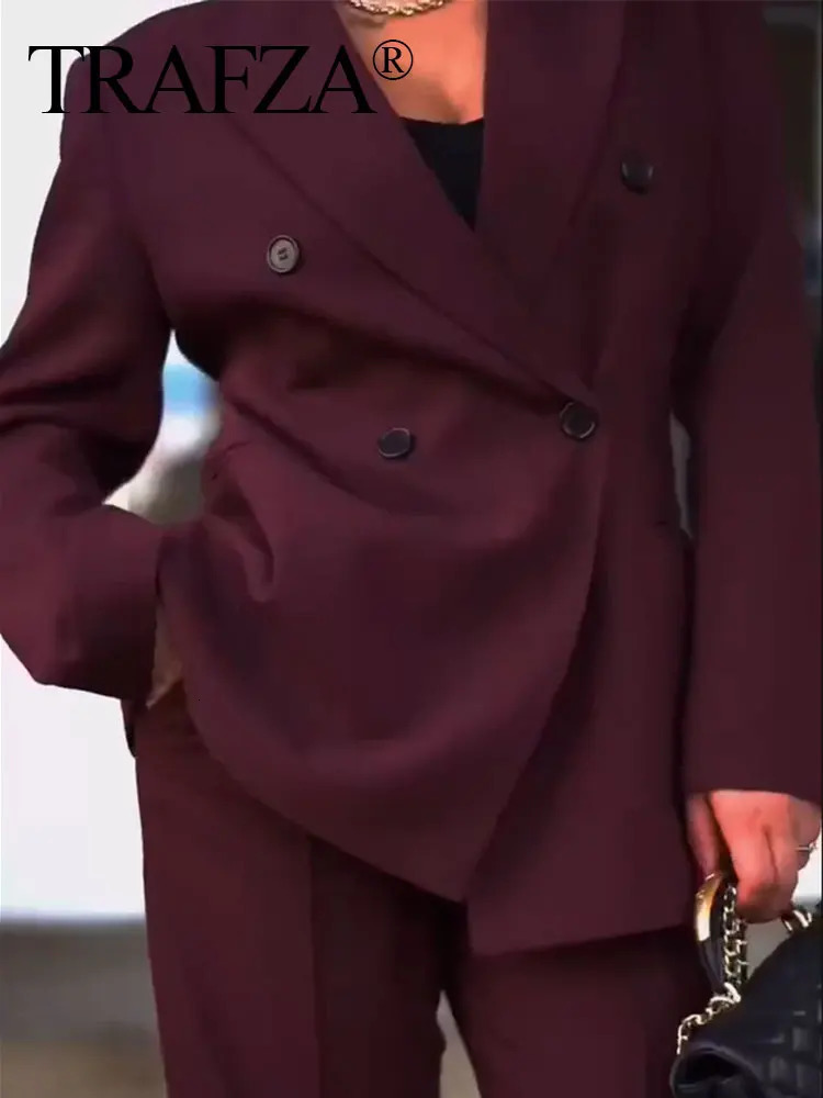 TRAFZA Womens Burgundy Blazer Sets Lapel Double Breasted Autumn Suit Coat Office Lady Commute Woman Wide Leg Long Pant 250218