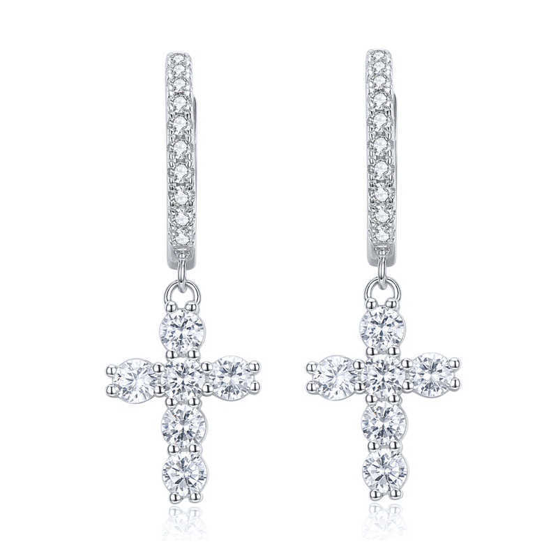 Luster Jewelry Holy Blessing 925 Silver D Color Round Moissanite Cross Pendant Earring for Women