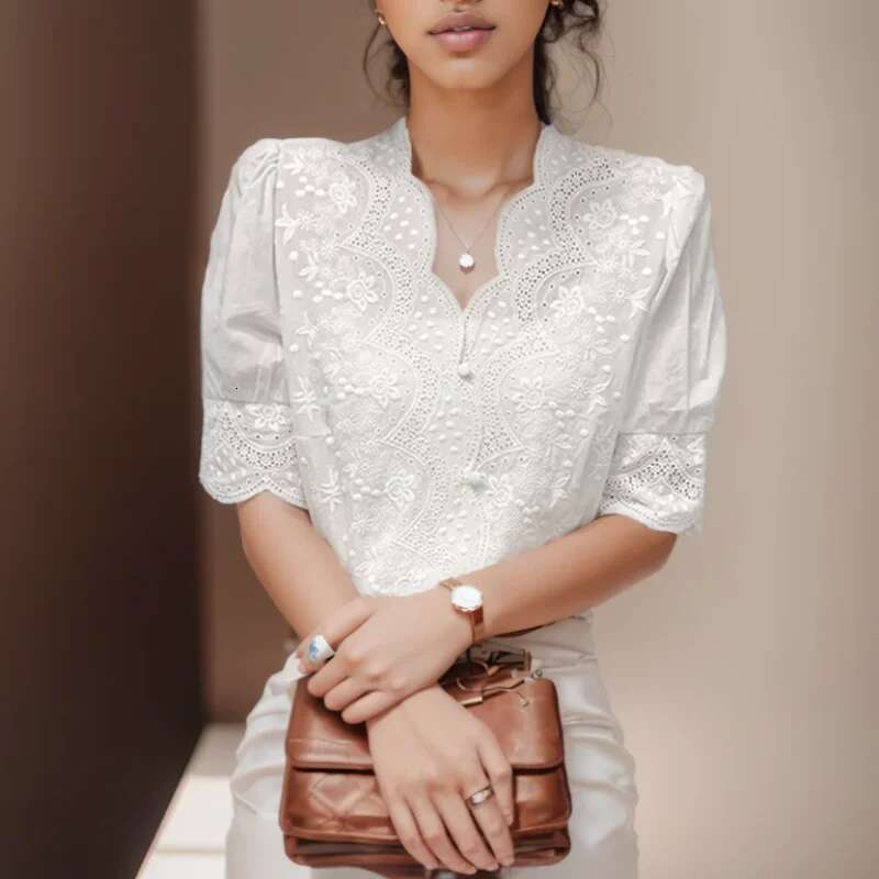 Summer Embroidery Puff En Cotton Women Blouse Spring Casual White Hollow Out Tops Short Sleeve Shirt
