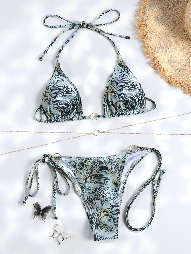Sexy triangular chain bikini set mini thong swimsuit womens 250219