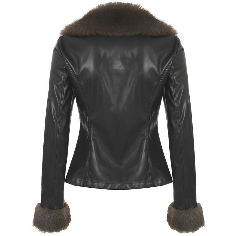 IAMHOTTY Faux Fur Patchwork Pu Leather Jacket urious Furry Collar Warm Down Coats Winter Chic V-neck Cardigan Thick Outerwear