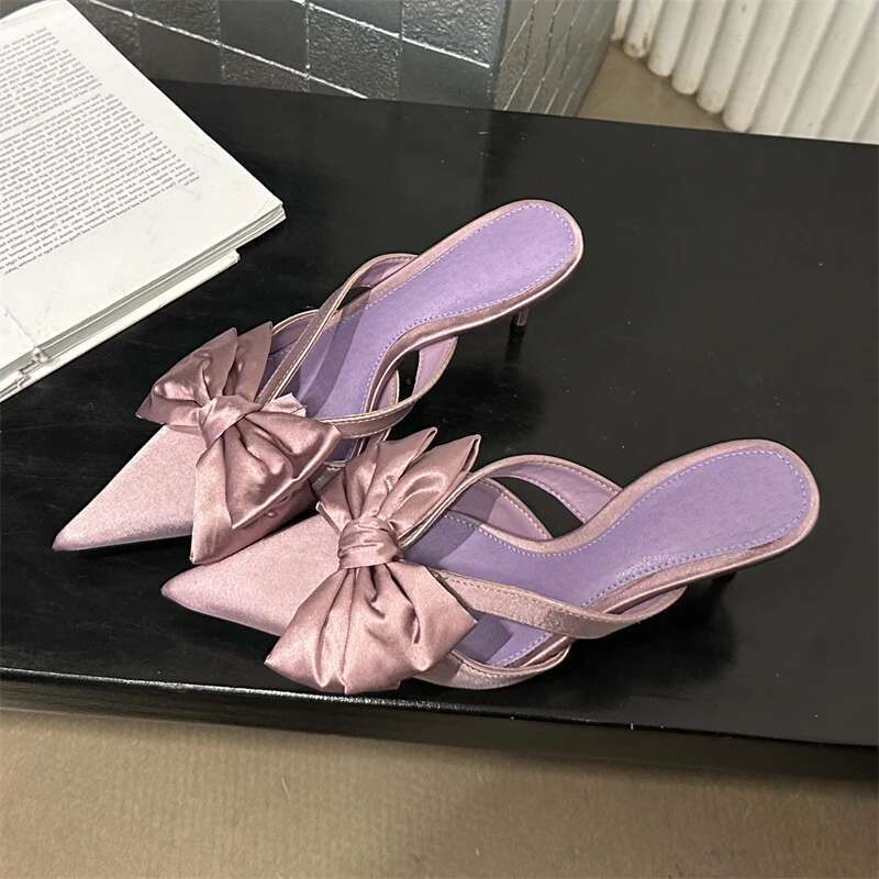 Spring Big Butterfly-knot Hollow Out Women Slippers Sandals Pointed Toe High Heel Pumps Mules Ladies Stripper Shoe
