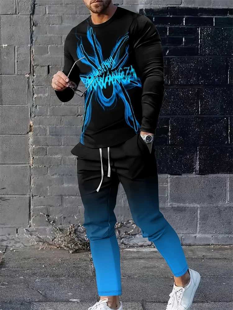 Harajuku Street Trend Mens Crewneck Long Sleeve T-shirt Pants 2 Sets Casual And Comfortable Crewneck Long Sleeve Top And SlacksXJ250218