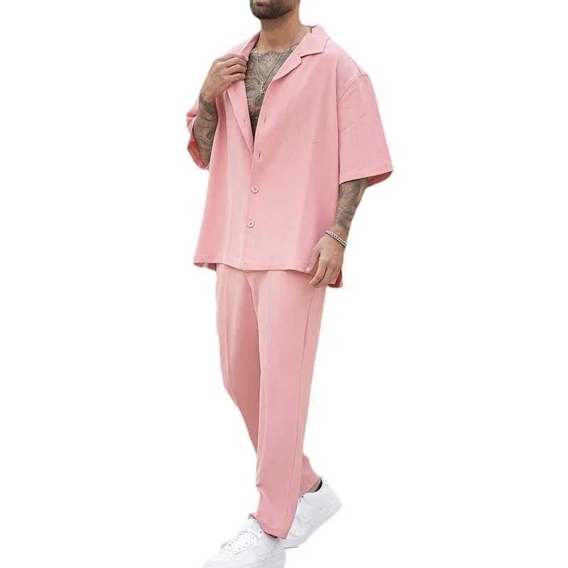 Summer Fashion Shirts and Pants Two-piece Mens Sets New Trend Solid Color Male Suit Pink Large Size Sweatshirts Ropa HombreXJ250218
