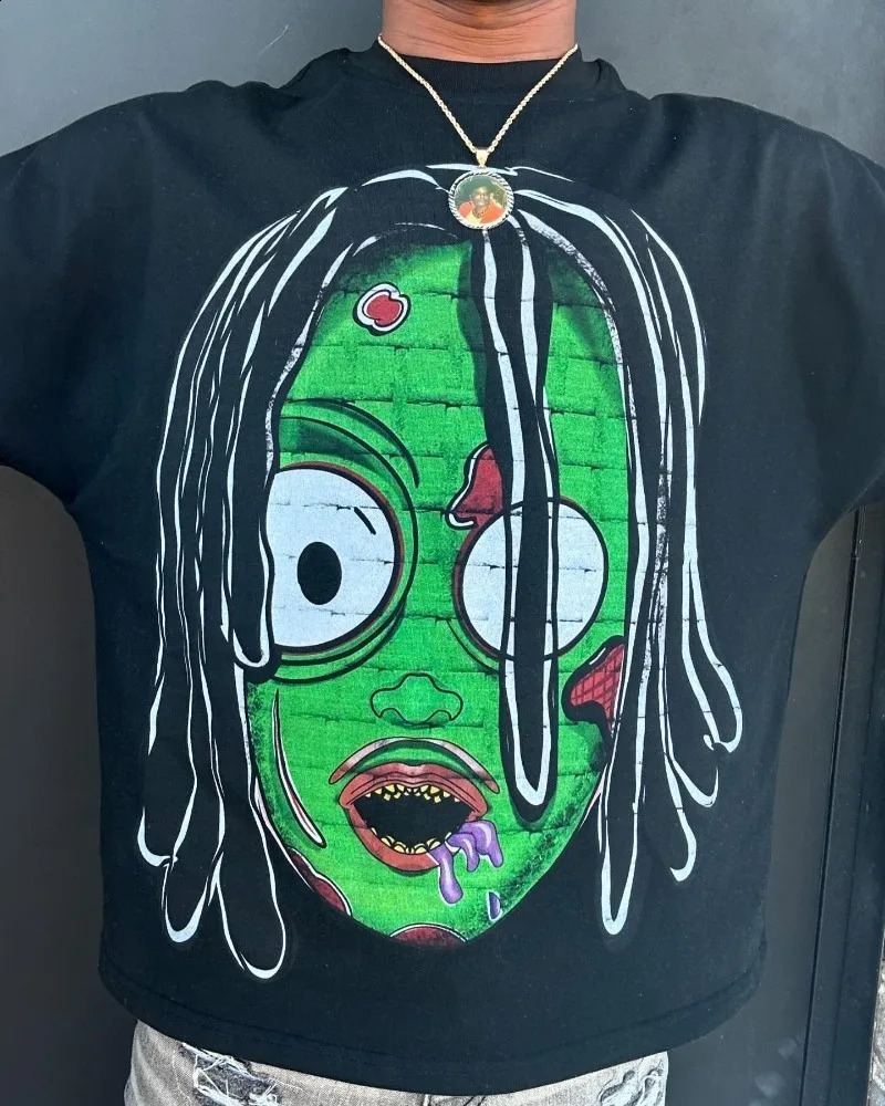 Hip hop punk dark oversized cartoon print short sleeve men Gothic Harajuku trend shirt Retro loose casual oversized T-shirt 250214