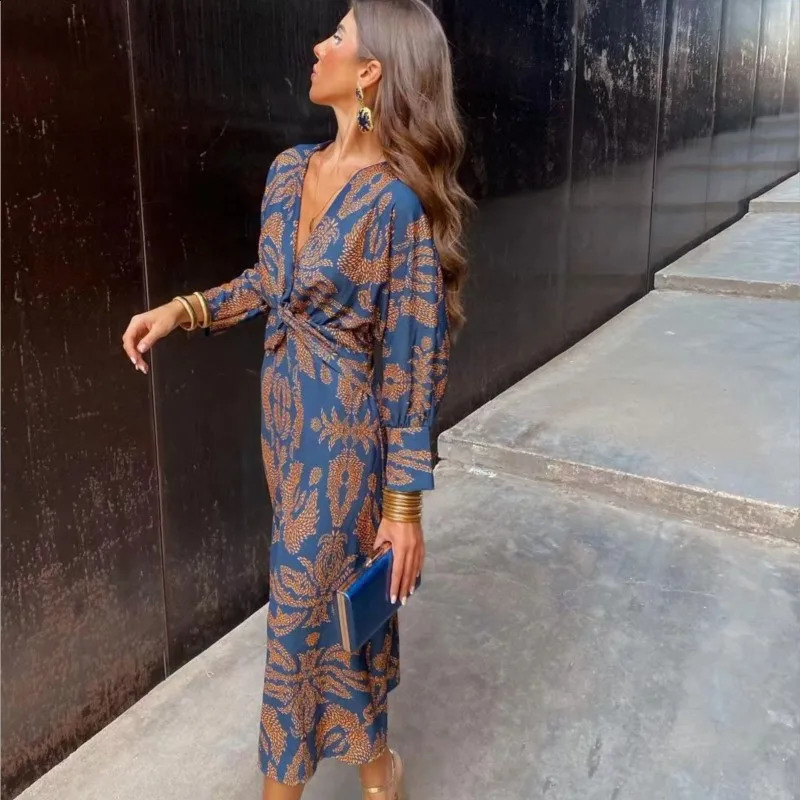 Vestidos Para Mujer Womens Retro Printed Midi Dress Round Neck Elegant Long Sleeve Dress Spring/Summer Party Dresses 250218