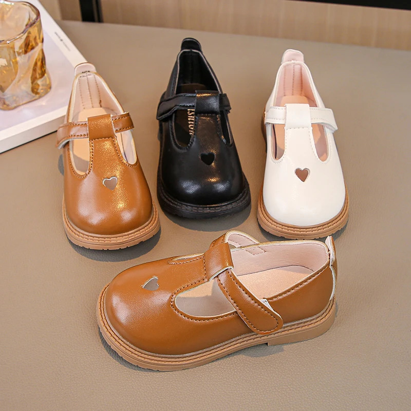 Girls Princess Leather Shoes Toddlers Baby Kids Flats T-strap Cut-outs with Heart Hollow Cute Sweet Soft Spring Autumn 250219