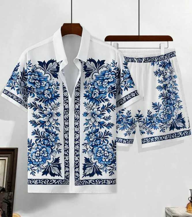 Hawaiian Shirt Set Men 3D Printed Blue And White Porcelain Pattern Summer Fashion Casual Daily Oversized Shirt+shorts 2piece SetXJ250218