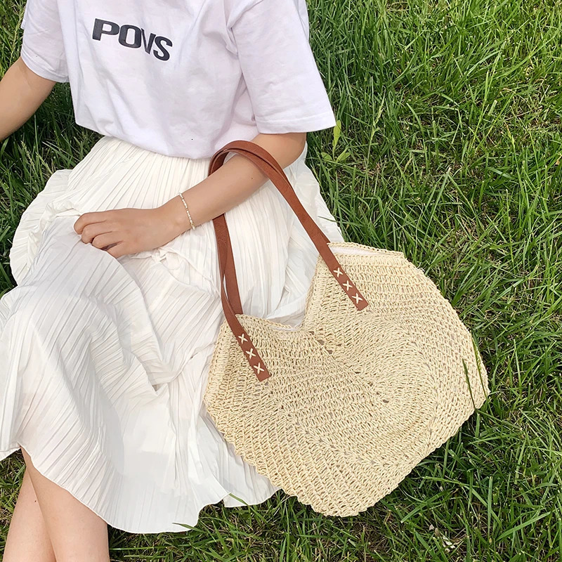 Summer Straw Woven Shoulder Bag Rattan Beach Large Capacity Tote Bags Handmade Vacation Travel Handle Bag Shopping Handbag Bolsa 250120