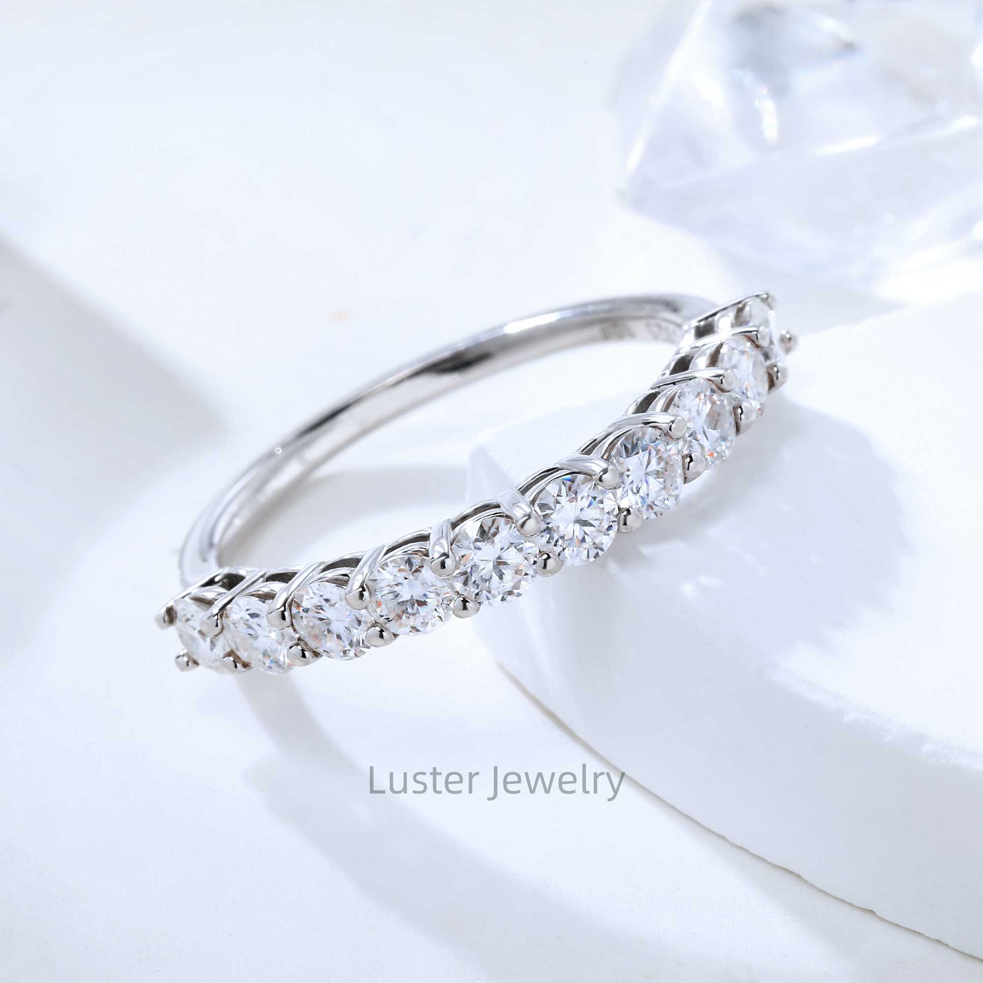 Luster Ten Moissanite 925 Sterling Silver White Gold Plated Engagement 3.0mm Round Moissanite Half Eternity Band Ring for Women