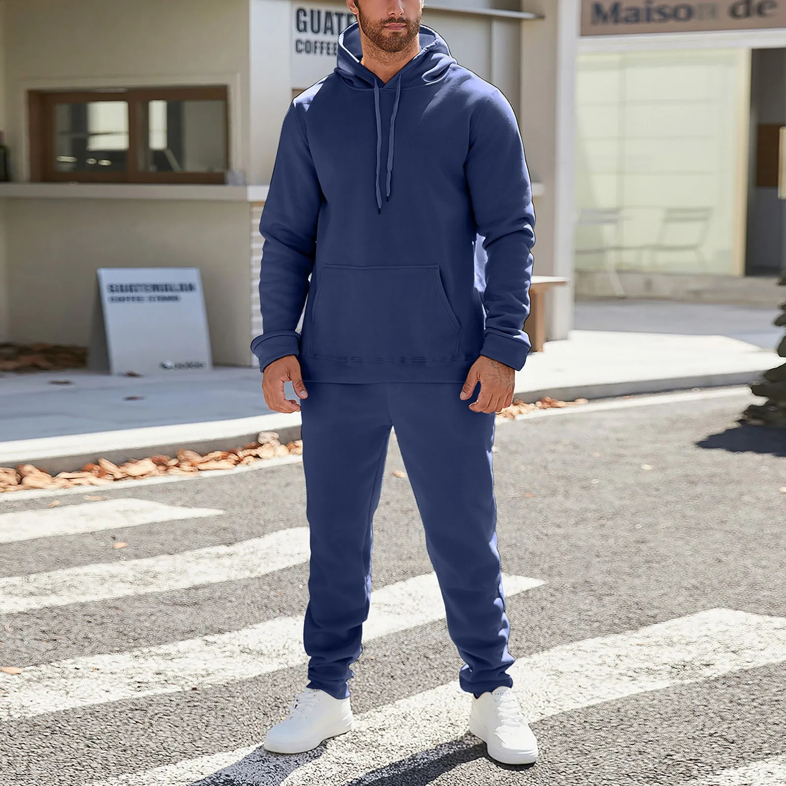 Autumn And Winter Men Tracksuit Hooded Sweatshirt Suit Solid Color Sports HoodiesSweatpants Set Running Fitness Men Clothing 250218