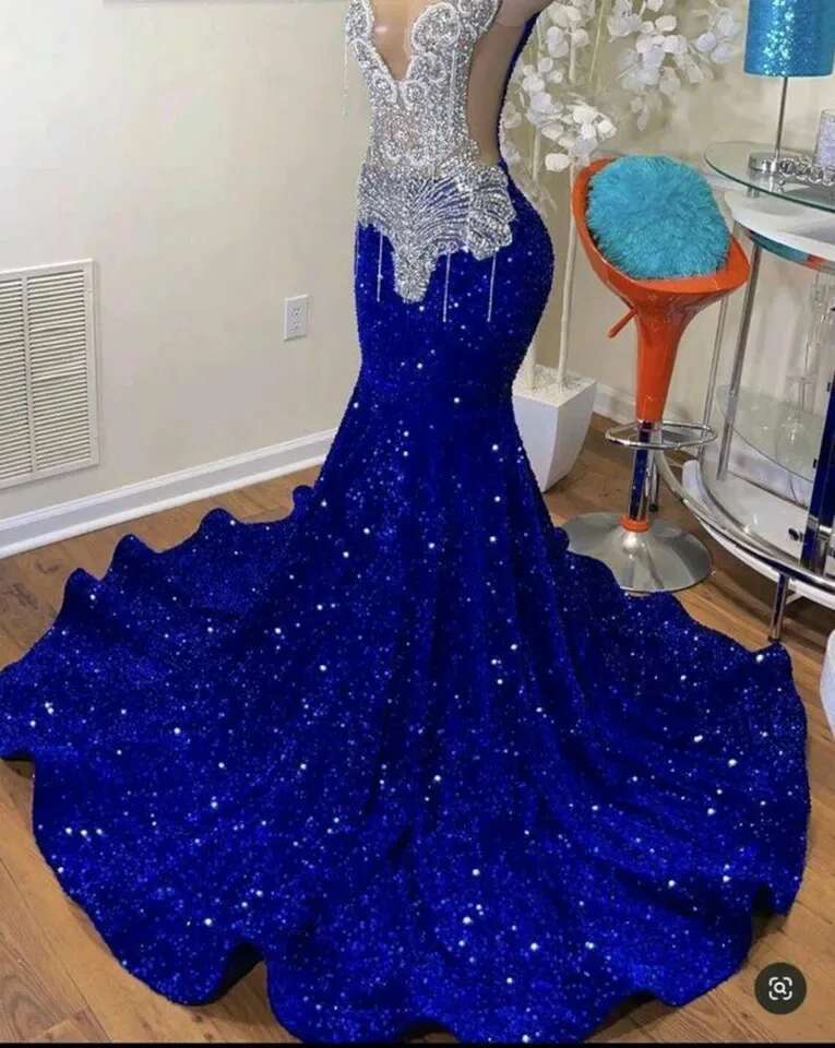 Royal Blue Rhies Prom Dresses Black Girls 2024 Bead Tassel Sparkly Birthday Party African Evening Gala Gowns