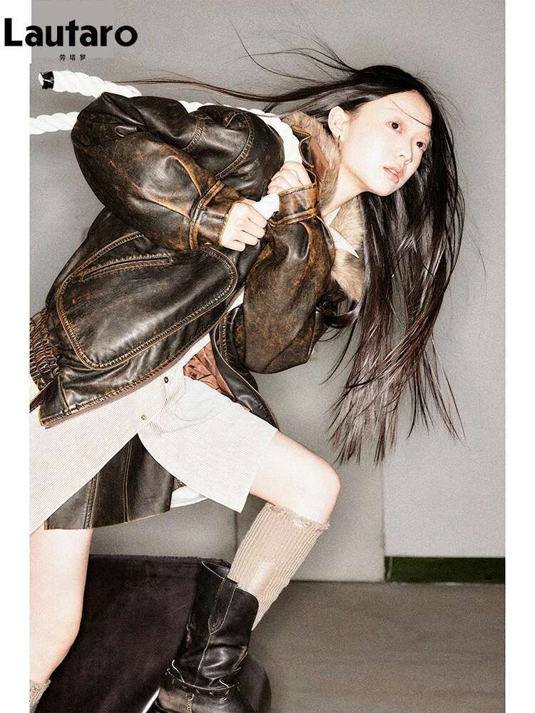 Lautaro Spring Autumn Cool Handsome Vintage Distressed Brown Pu Leather Jacket Women Faux Fur Collar Designer Clothing