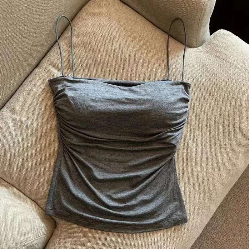 Vest Halter Summer Korean Style Trend Fashion Built In Bra Stretch Women Beach Everyday Casual Tank Top
