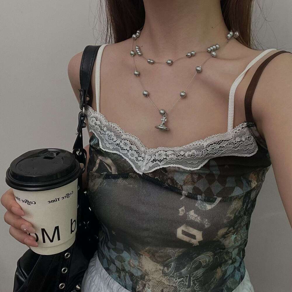 Star stacked pearl for women, light , niche design, high-end feeg, starry sky, double layered collarbone chain, neck chain necklace accessory