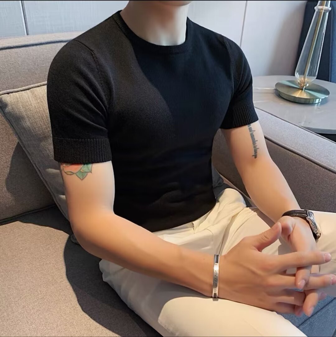 2025 New Solid Color Short Sleeved Casual Semi High Neck Designer T-shirt For Men's Spring Light Luxury Slim Fit Fashionable Short Sleeved T-shir
