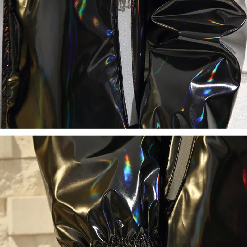 #4201 Black Sliver Shinny Jacket Men Bomber Korean Style Hip Hop Slim Jackets And Coats Streetwear Hooded Coat 250214